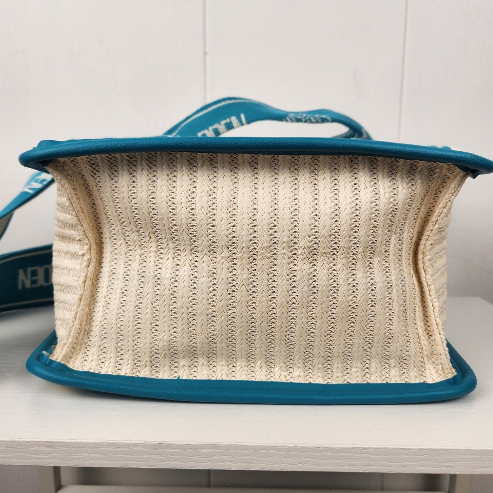 LIKE NEW  Steve Madden White Straw Teal Crossbody Handbag Satchel w AirPod/Coin - Picture 11 of 15